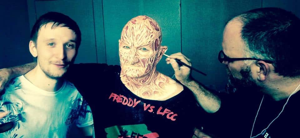 Sean Evans with Robert Englund as his freddy makeup is being applied by Robert Kurtzman